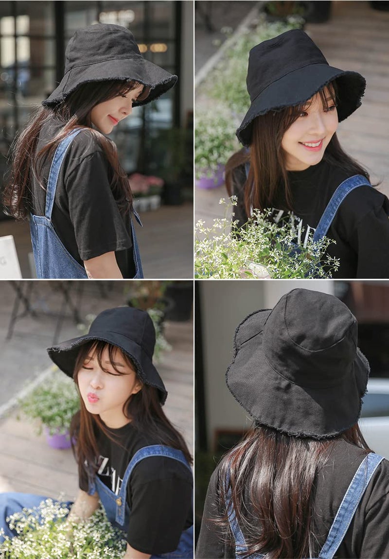 FGSS Womens-Sun-Hats Bucket-Hat Distressed Sun-Protection Washed-Cotton - Summer Wide Brim Beach Cap(Size:S-M) Black - Image 3